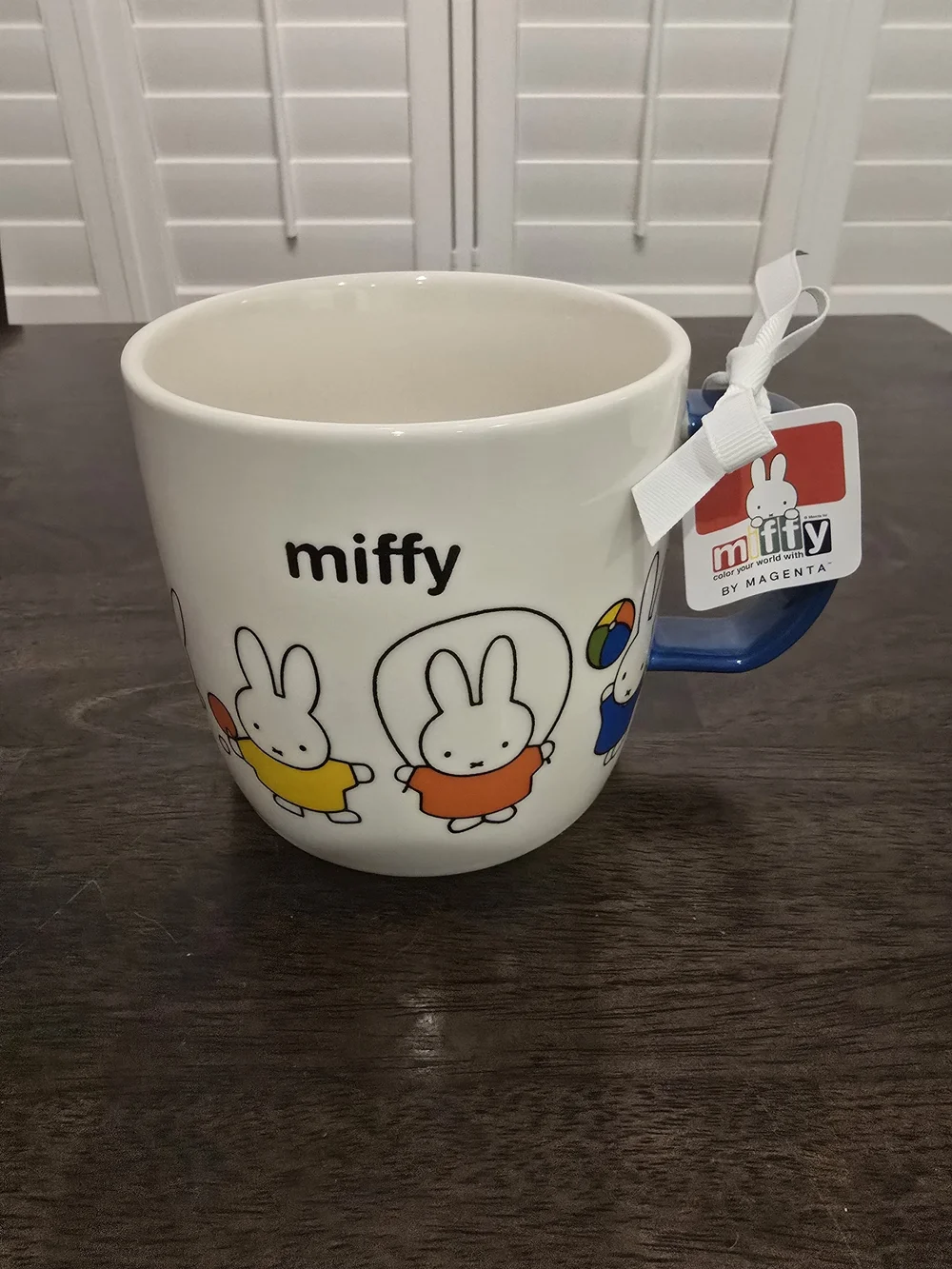 miffy White Ceramic Mug with Colorful Bunny Print and Blue Handle